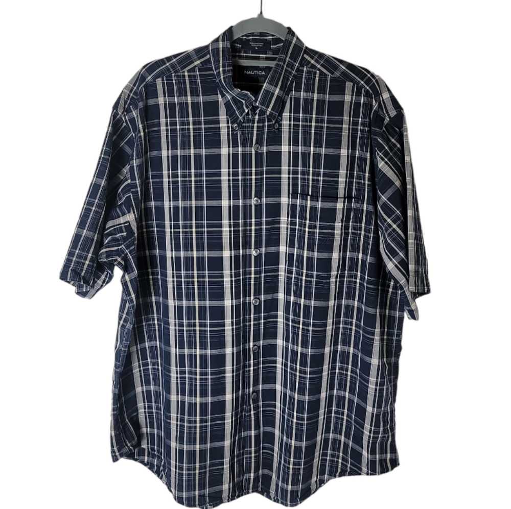 Nautica men casual button down short sleeve plaid shirt size large